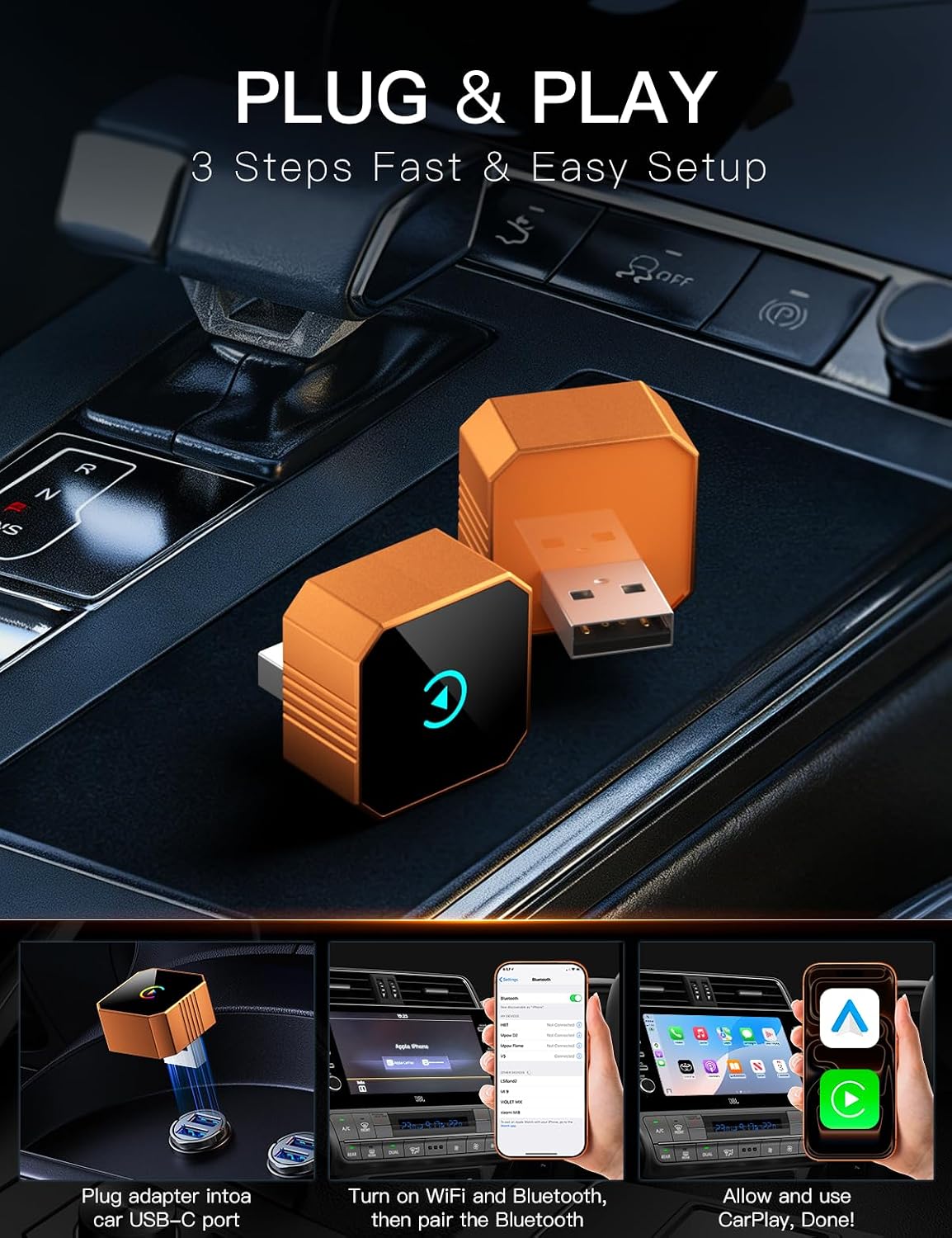 2026 Upgraded Wireless CarPlay Adapter for iPhone＆Android, Car Play Mini Wired to Wireless Adapter for CarPlay ＆Android Auto 2 in 1 Plug and Play Stable Connection